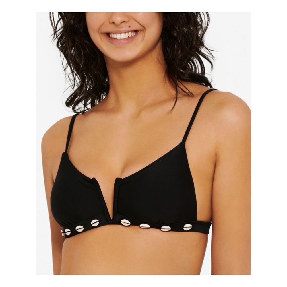 HULA HONEY Women's Black Stretch Shell-Trim Tie Lined V-Wire Swimsuit Top M